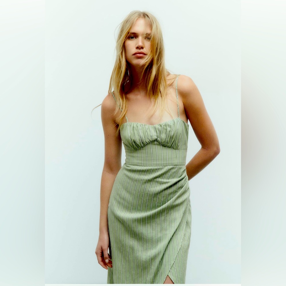 ZARA LINEN BLEND STRIPED MIDI CORSET DRESS. Sage green stripe M